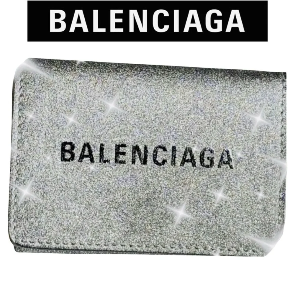 BALENCIAGA Silver/Gray Glitte Everyday Mini leather Wallet, EUC